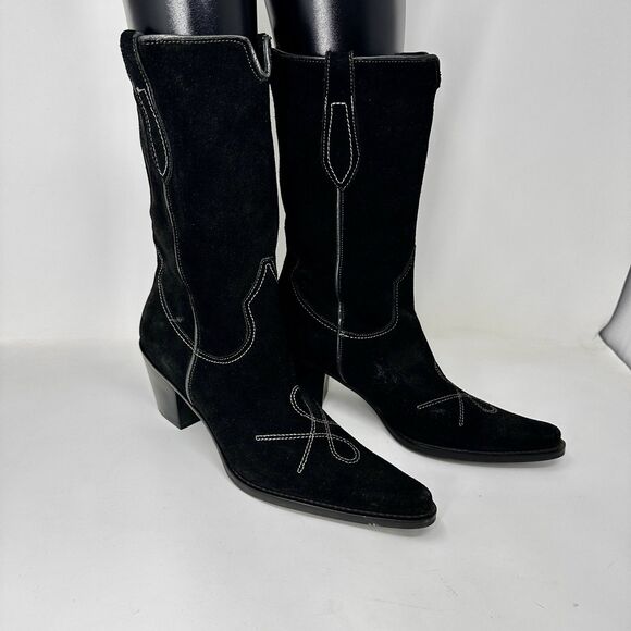 franco sarto Black Suede Riding Boots Leather Mid 8.5 Floor Display Old Money - Picture 2 of 9
